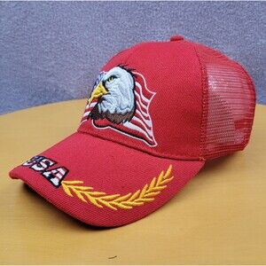 Embroidered USA Bald Eagle Shadow Snapback Trucker Hat Red American Flag Cap